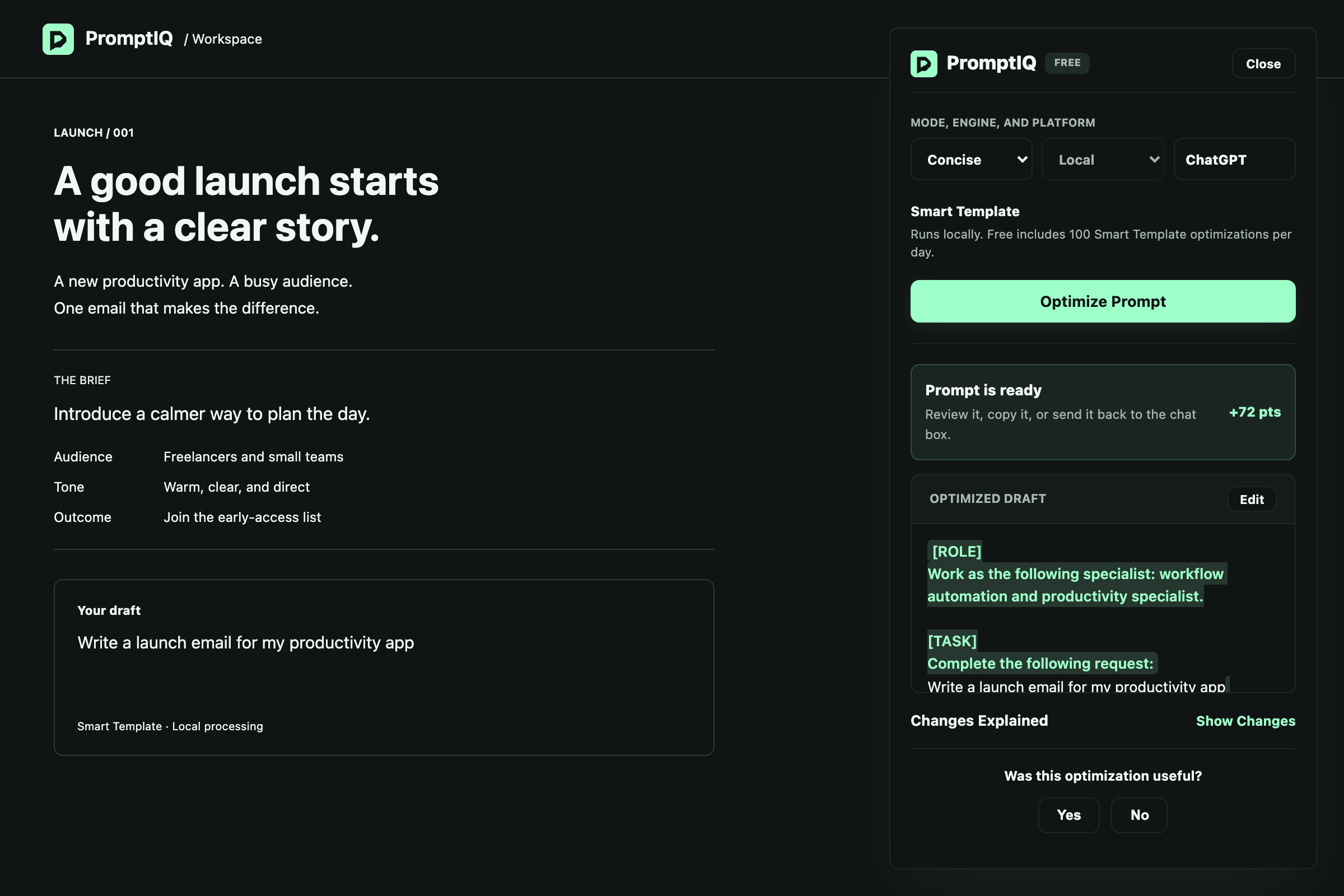 The PromptIQ extension refining a launch email prompt in a demonstration workspace